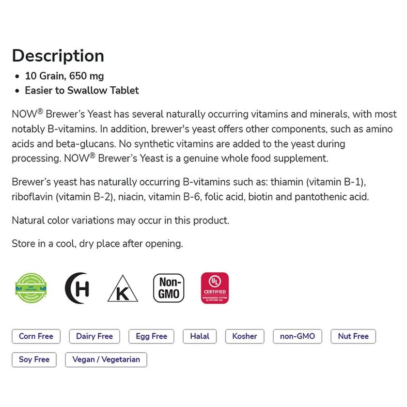 Now Brewer's Yeast 650mg Nutritional Supplement Tablets For Healthy Digestion, Pack of 200's