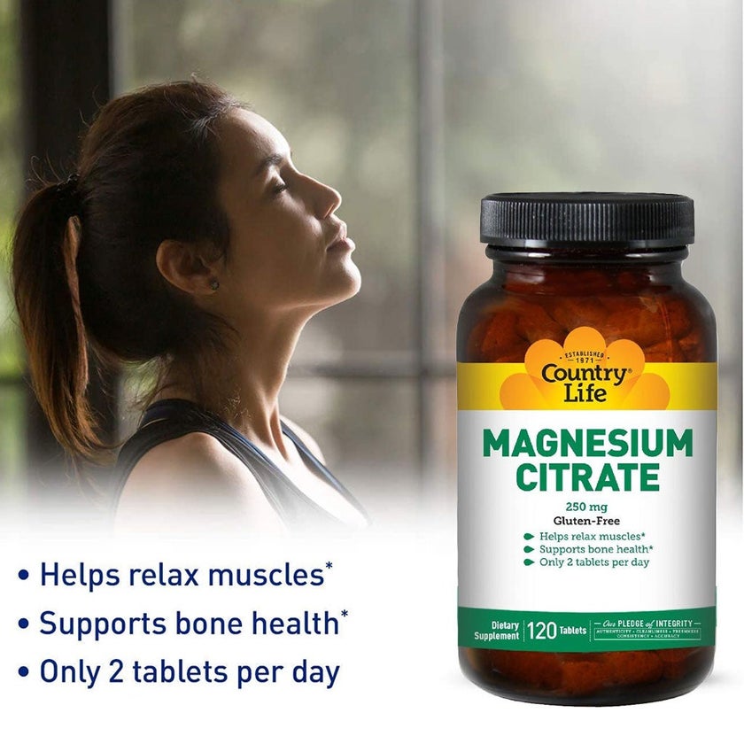 Country Life Gluten-Free Magnesium Citrate 250mg Tablets For Bone & Muscle Health, Pack of 120's