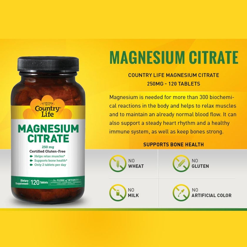 Country Life Gluten-Free Magnesium Citrate 250mg Tablets For Bone & Muscle Health, Pack of 120's