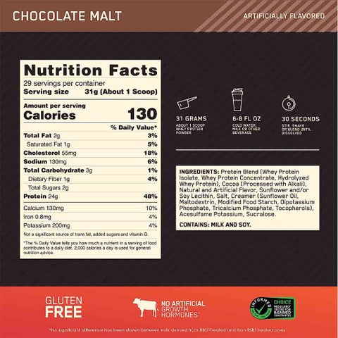 Optimum Nutrition Gold Standard 100% Whey Protein Powder Drink Mix, Chocolate Malt, 907g