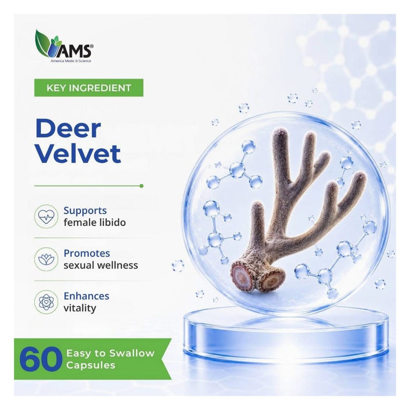 AMS Velvet Power Red Deer Antler Capsules, Fertility Support - 60 Capsules