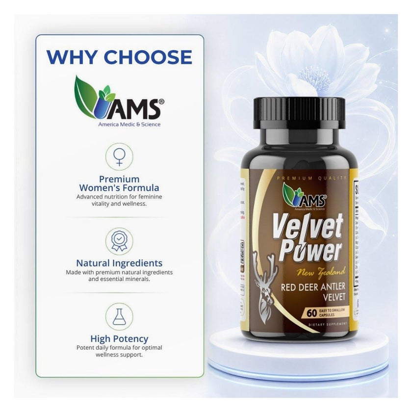 AMS Velvet Power Red Deer Antler Capsules, Fertility Support - 60 Capsules