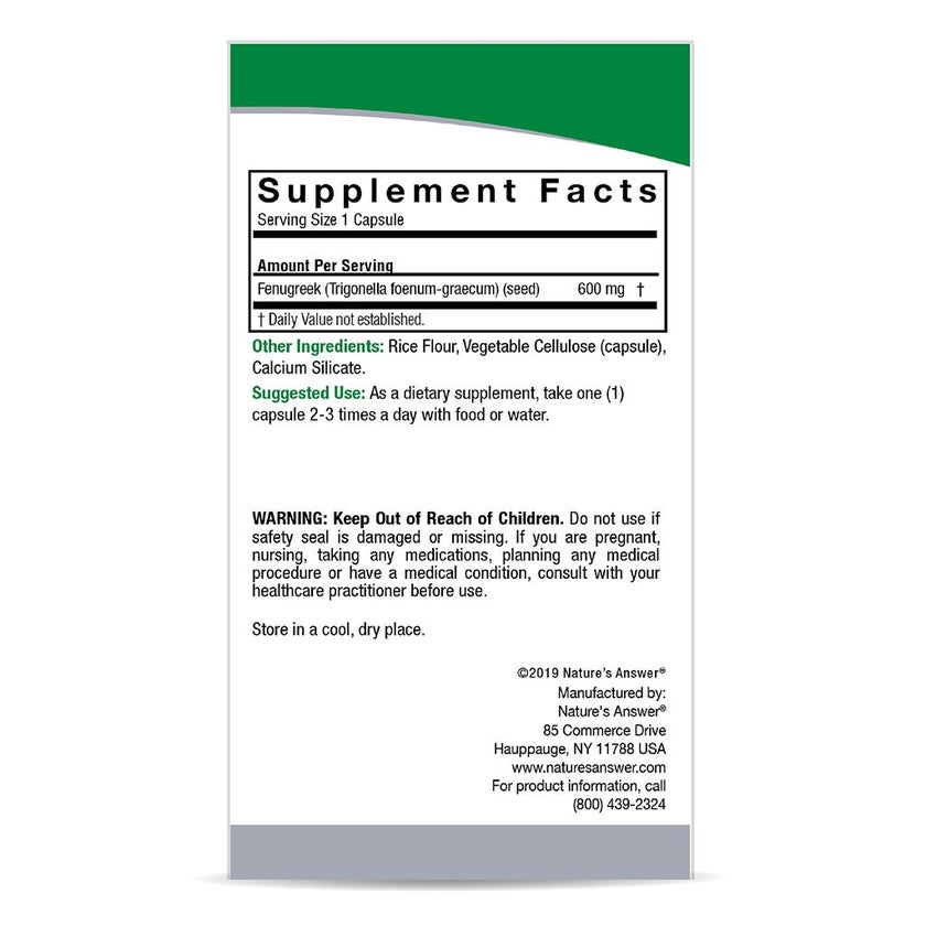 Nature's Answer Fenugreek Seed 600mg Vegan Capsules For Men's Sexual Health, Pack of 90's