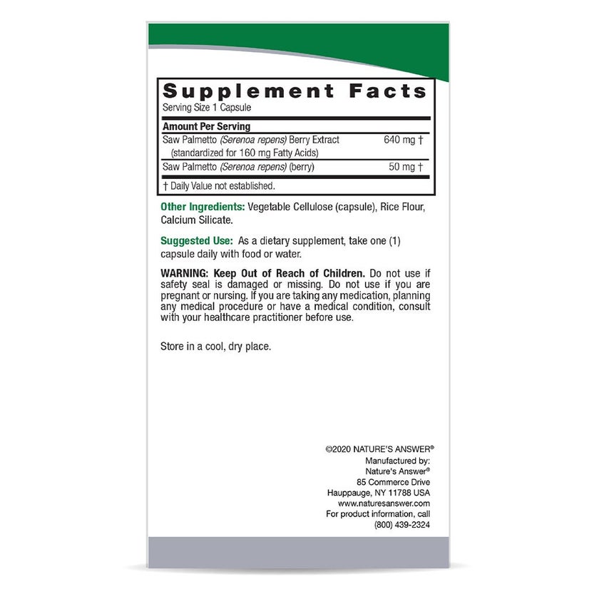 Nature's Answer Saw Palmetto 690mg Vegan Capsules For Prostate Health, Pack of 120's