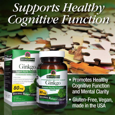 Nature's Answer Ginkgo Biloba 80mg Standardized Herbal Extract Vegan Capsules For Cognitive Support, Pack of 60's
