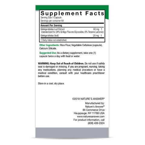 Nature's Answer Ginkgo Biloba 80mg Standardized Herbal Extract Vegan Capsules For Cognitive Support, Pack of 60's