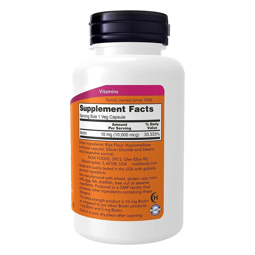 Now Extra Strength Biotin 10,000 mcg Vegetarian Capsules For Energy Production, Pack of 120's