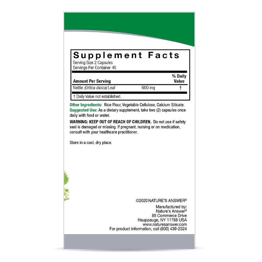 Nature's Answer Nettle Leaf 600mg Vegan Capsules For Upper Respiratory Health, Pack of 90's