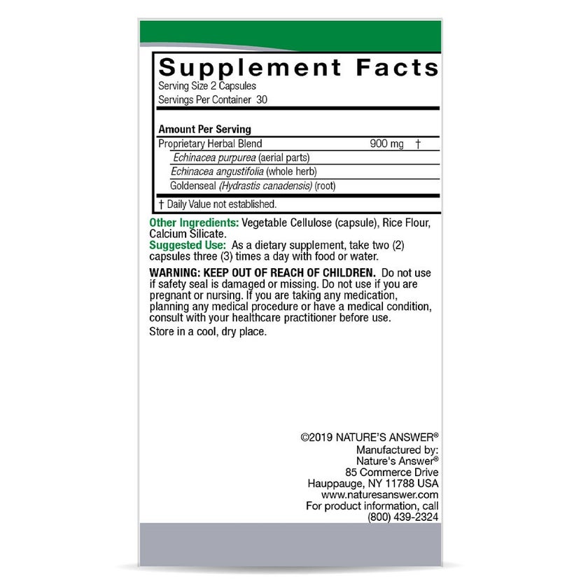 Nature's Answer Echinacea & Goldenseal 900mg Vegan Capsules For Immunity, Pack of 60's