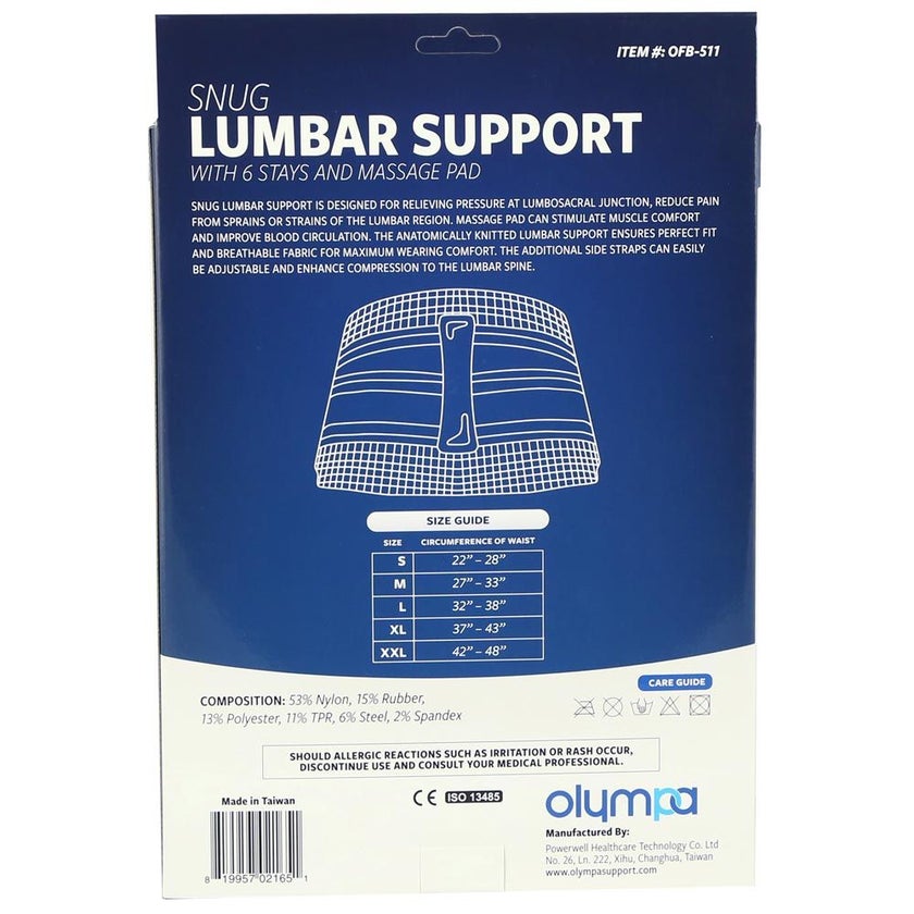 Olympa Snug Lumbar Support with 6 Stays and Massage Pad Cool Grey Small OFB-511