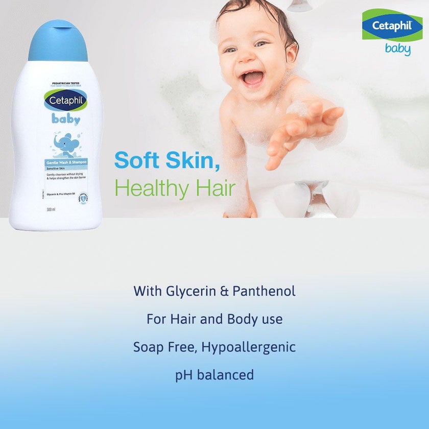 Cetaphil Baby Gentle Tear Free Wash & Shampoo For Sensitive Body And Hair, Unscented, 300ml