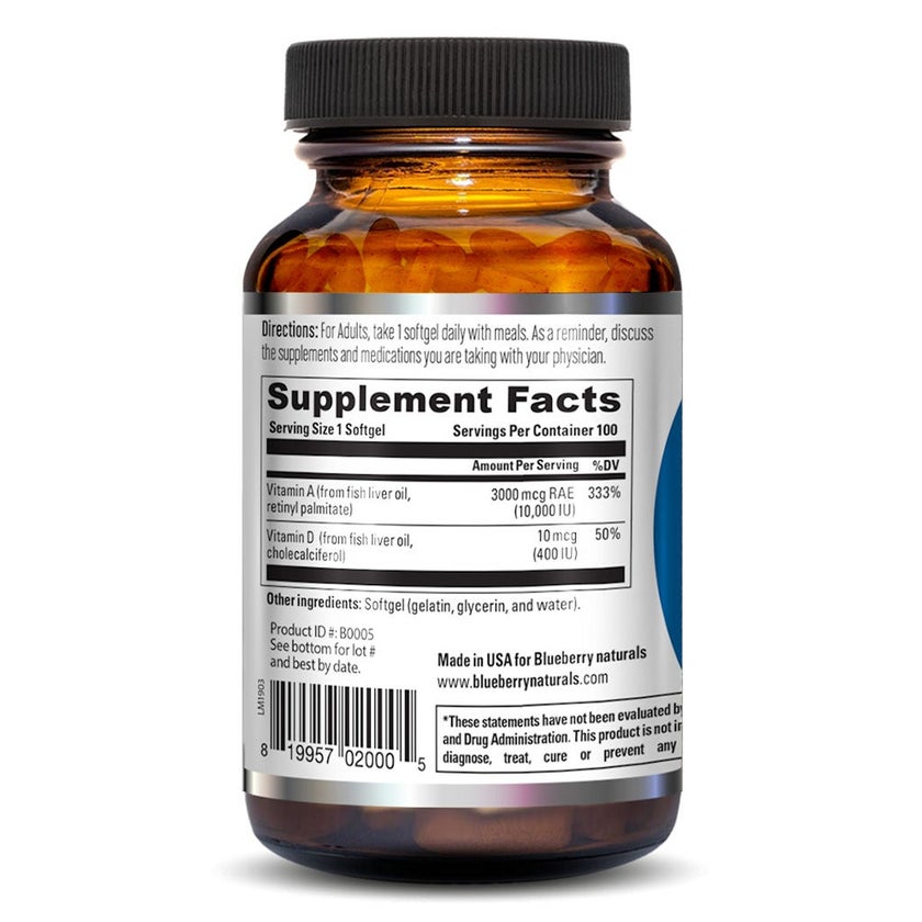 Blueberry Naturals Vitamin A 10,000IU Softgels, Pack of 100's - B0005