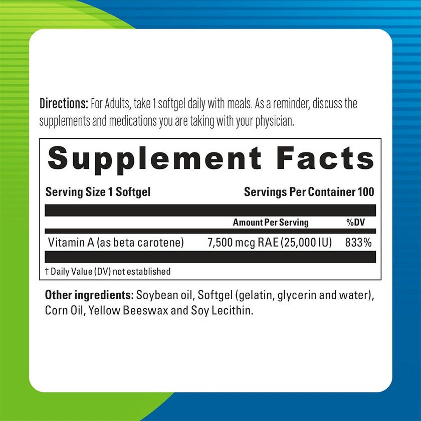 Blueberry Naturals Betacarotene 25,000IU Softgels, Pack of 100's - B0012