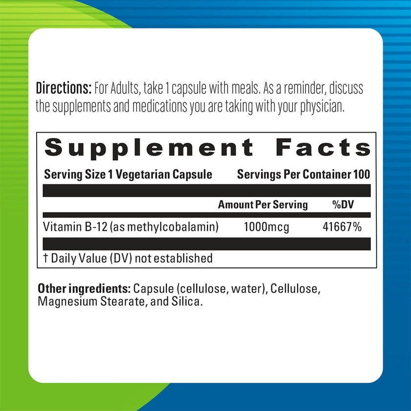 Blueberry Naturals Super B12 1000 mcg Vegetarian Capsules, Pack of 100's - B0074