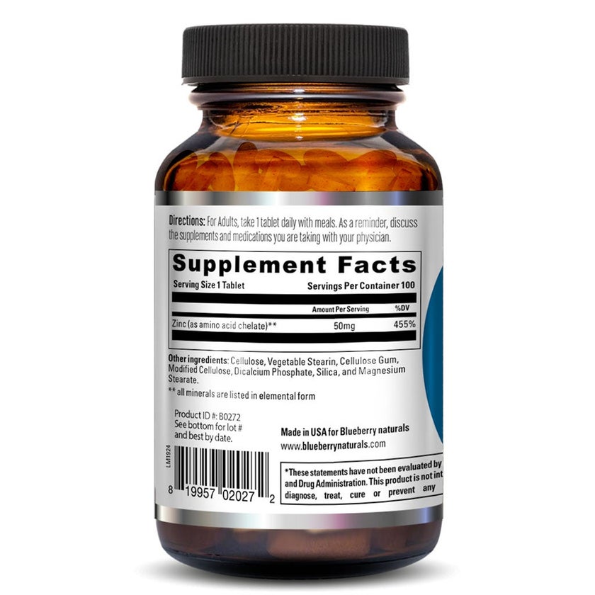 Blueberry Naturals Chelated Zinc 50mg Tablets, Pack of 100's - B0272