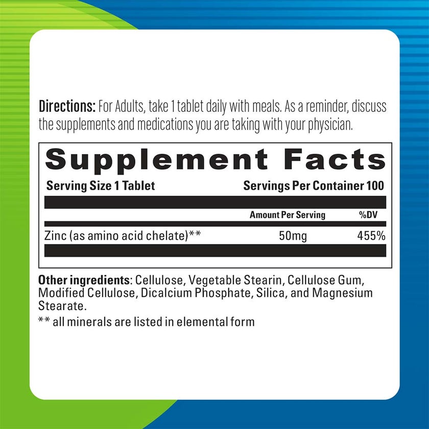 Blueberry Naturals Chelated Zinc 50mg Tablets, Pack of 100's - B0272
