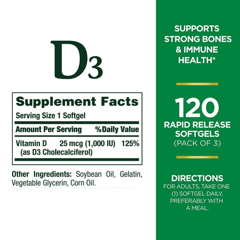 Nature's Bounty Vitamin D3 1000IU Softgels, Pack of 120's