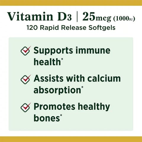 Nature's Bounty Vitamin D3 1000IU Softgels, Pack of 120's