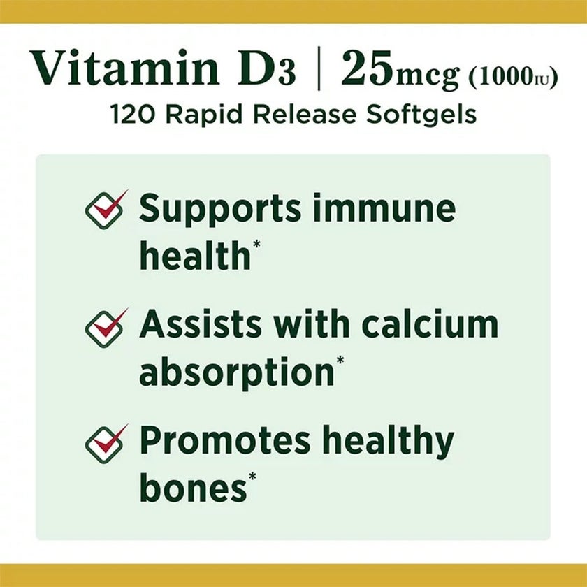 Nature's Bounty Vitamin D3 1000IU Softgels, Pack of 120's