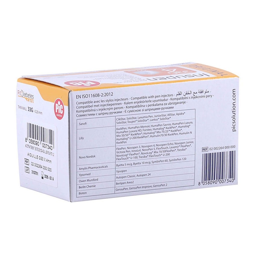 Pic Solution Insupen 4 mm Insulin Pen Needle 33G, Pack of 100's