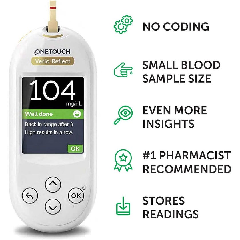 OneTouch Verio Reflect Blood Glucose Monitoring System + OneTouch Verio Test Strips 50's + OneTouch Delica Plus Lancets 100's - Offer Pack