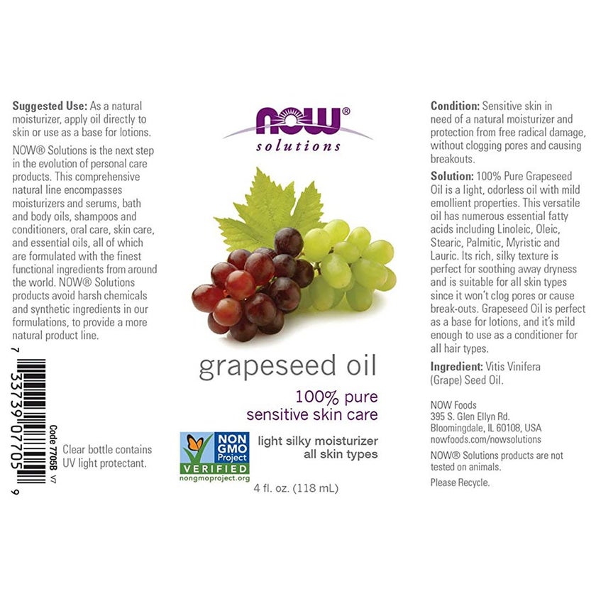 Now Solutions 100% Pure Grapeseed Oil For Sensitive Skin Care 118ml