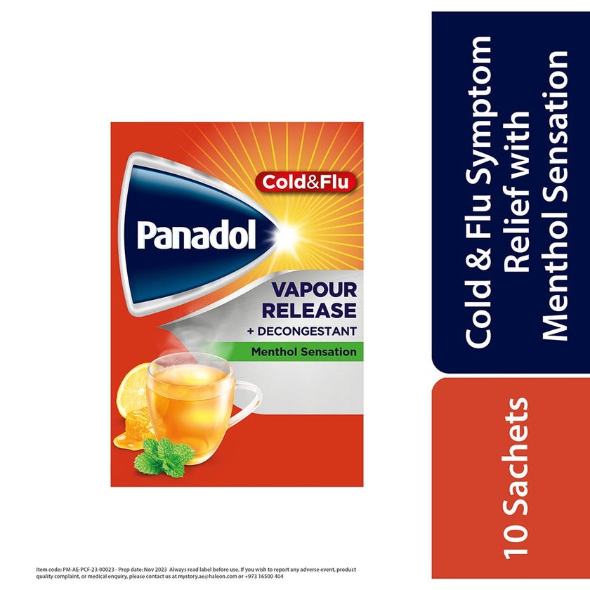 Panadol Cold & Flu Vapour Release + Decongestant Sachets With Hot Lemon & Honey, Menthol Sensation, Pack of 10's