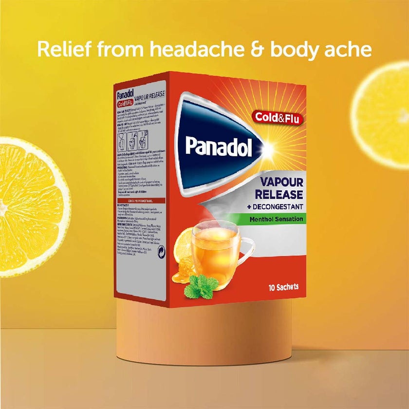 Panadol Cold & Flu Vapour Release + Decongestant Sachets With Hot Lemon & Honey, Menthol Sensation, Pack of 10's