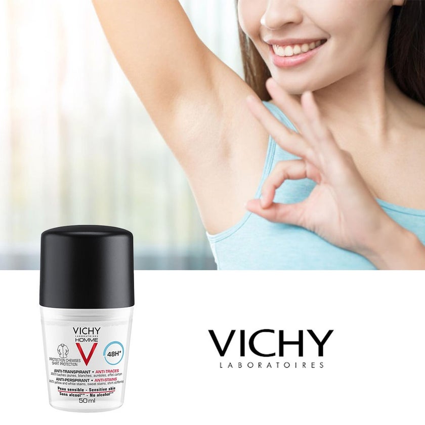 Vichy Homme 48 Hour Anti-Perspirant, Anti-Stain Alcohol Free Deodorant Roll On 50ml