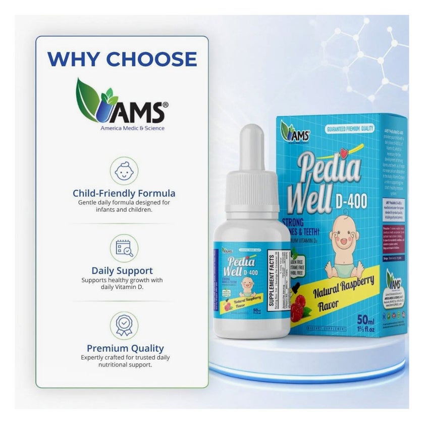 AMS Pediawell D3-400 Kids Raspberry Drops, Bones & Teeth - 50ml