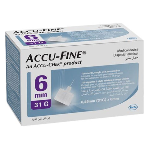 Accu-Fine Sterile Insulin Pen Needles, Size 31G 6mm, Pack of 100's