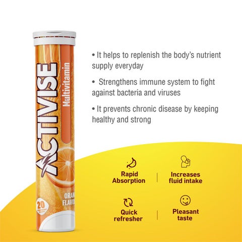 Activise Multivitamins Orange Flavour Effervescent Tablets For Energy & Wellness, Pack of 20's