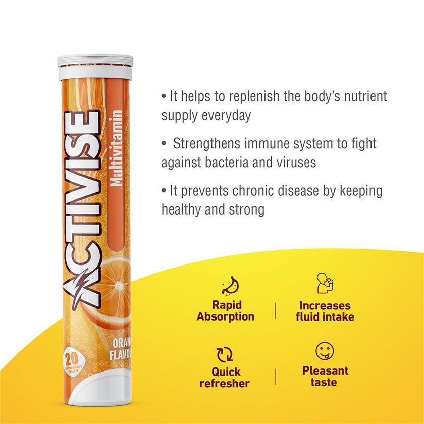 Activise Multivitamins Orange Flavour Effervescent Tablets For Energy & Wellness, Pack of 20's