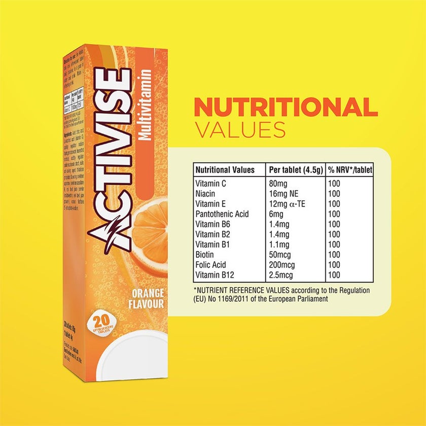 Activise Multivitamins Orange Flavour Effervescent Tablets For Energy & Wellness, Pack of 20's