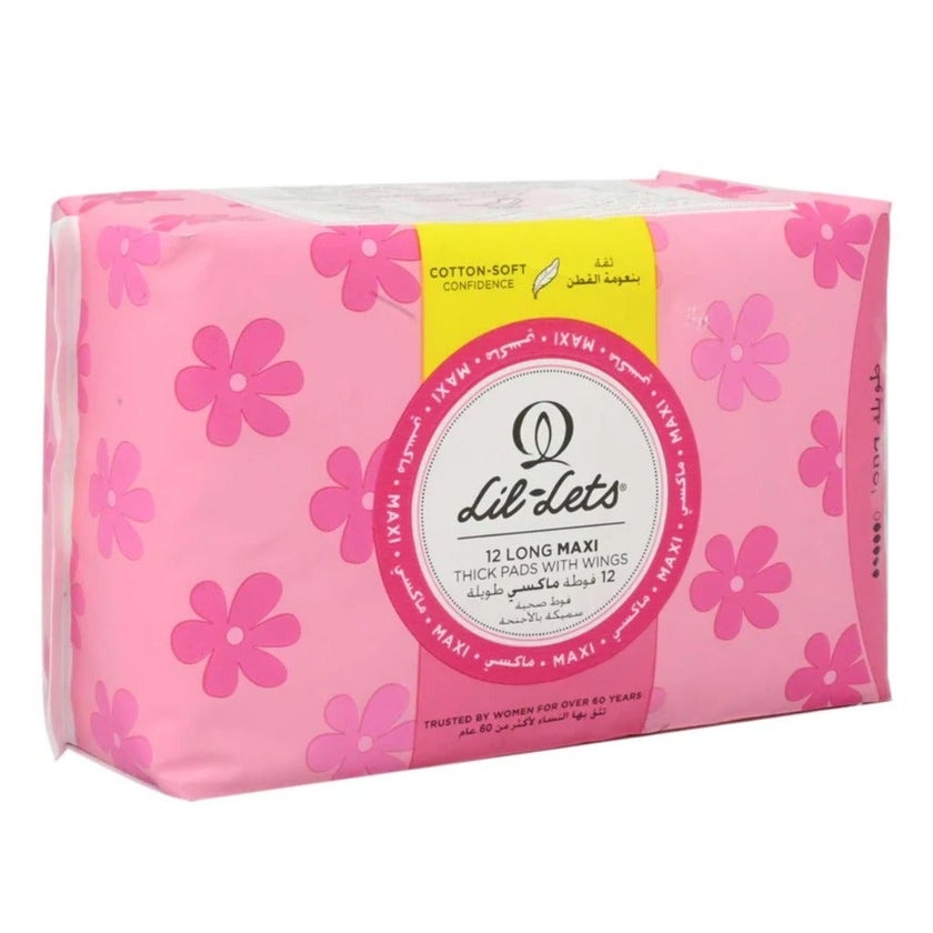 Lil-lets Maxi Thick Long Cotton Soft Sanitary Pads With Wings, Pack of 12's