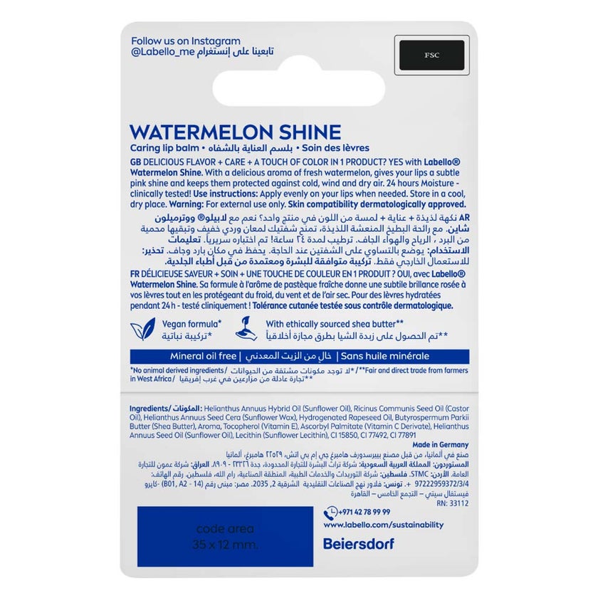Labello 24H Moisture Watermelon Shine Lip Balm 4.8g - Pink Tint