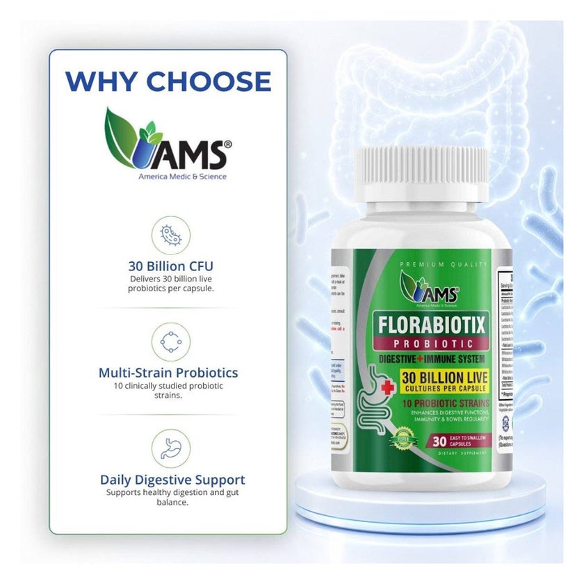 AMS Florabiotix 30 Billion Probiotic Capsules, Digestive Support - 30 Capsules