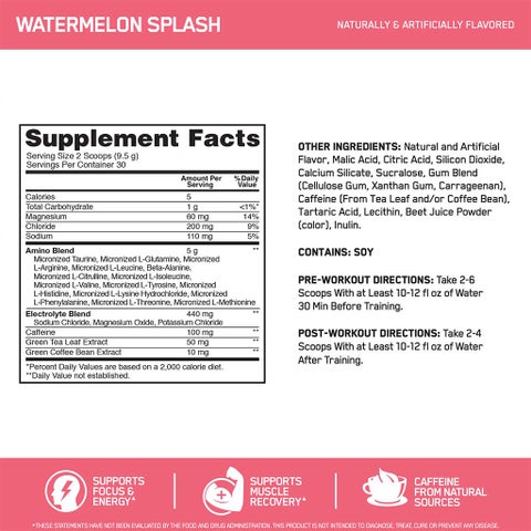 Optimum Nutrition Essential Amino Energy Electrolytes Watermelon 285g 30 Servings