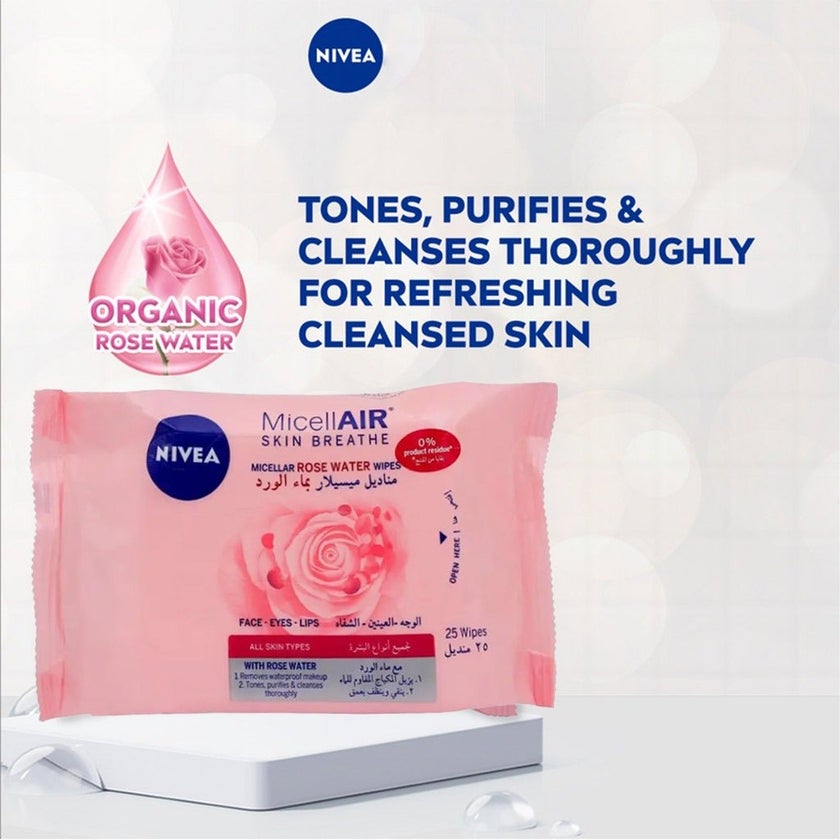 Nivea MicellAIR Skin Breathe Micellar Rose Water Face Wipes, Pack of 25’s