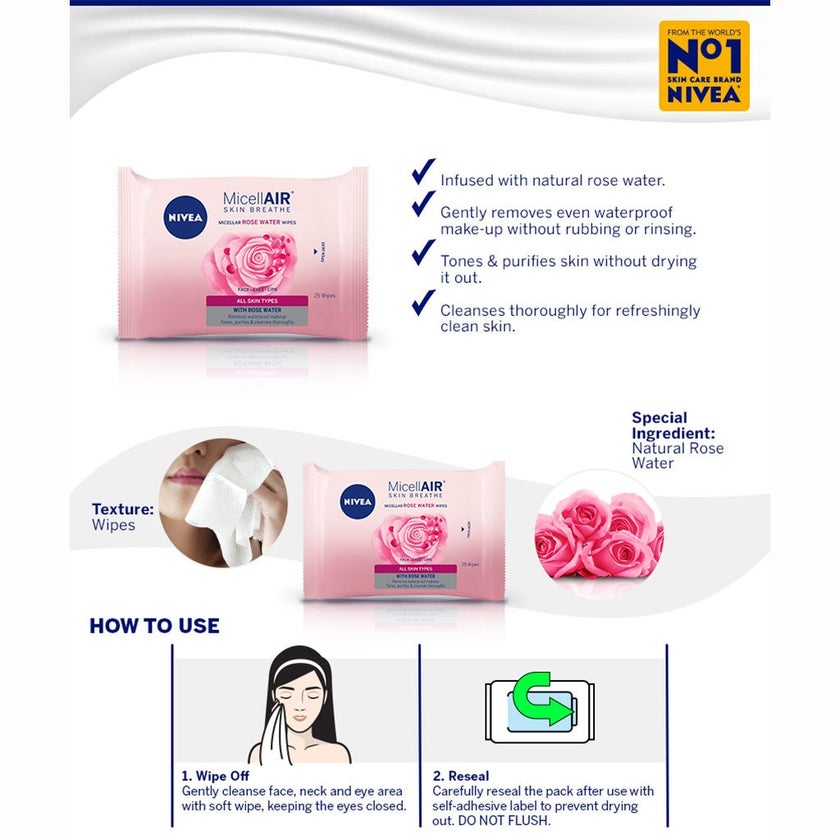 Nivea MicellAIR Skin Breathe Micellar Rose Water Face Wipes, Pack of 25’s