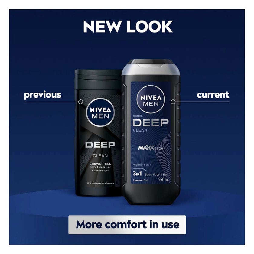 Nivea Men Deep Clean Maxx Tech 3 in 1 Face, Body & Hair Shower Gel 250ml