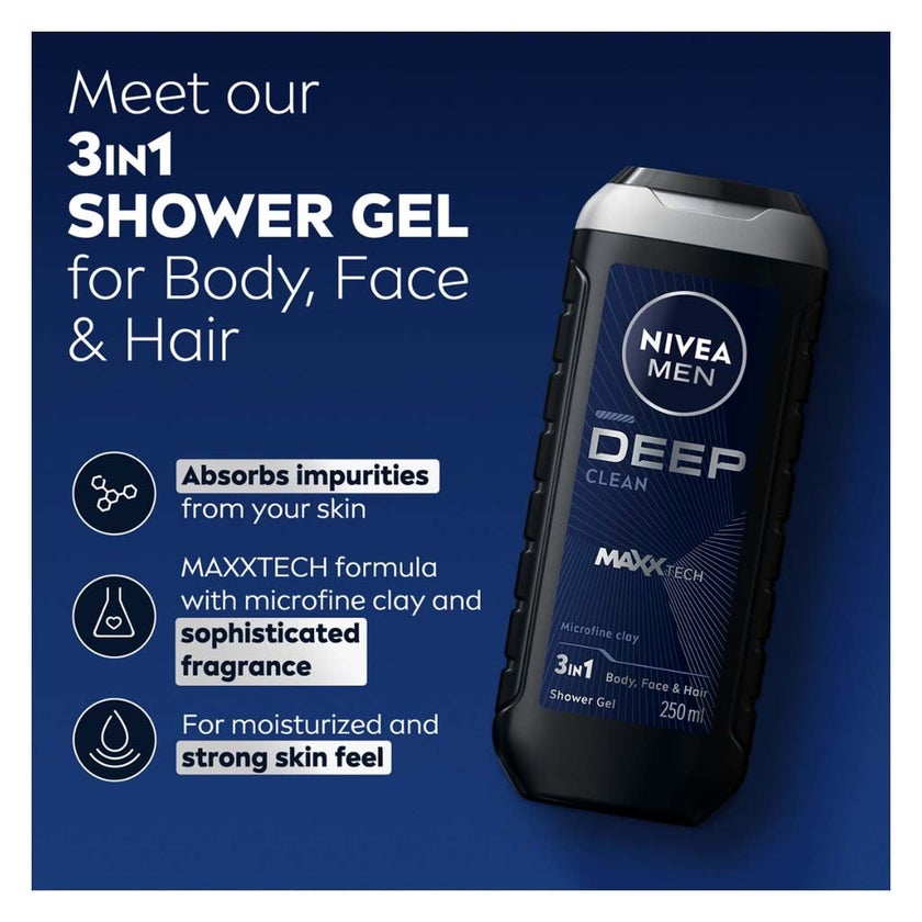 Nivea Men Deep Clean Maxx Tech 3 in 1 Face, Body & Hair Shower Gel 250ml