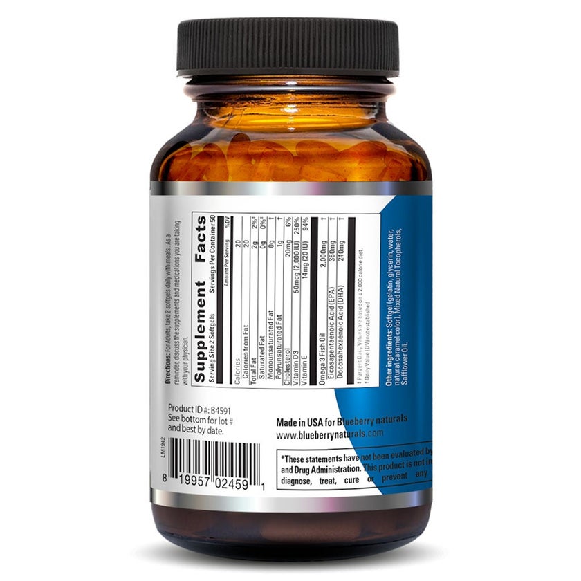 Blueberry Naturals Omega 3 1000mg Fish Oil Supplement Softgels, Pack of 100's