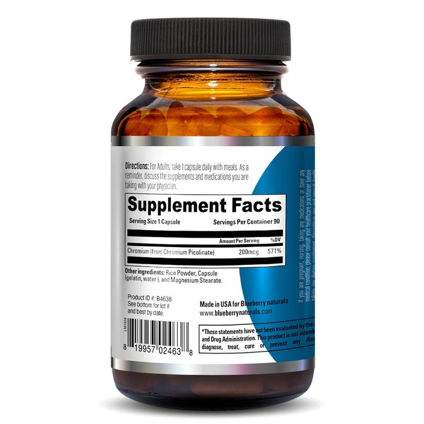 Blueberry Naturals Chromium Picolinate 200mcg Capsules For Healthy Blood Sugar, Pack of 90's