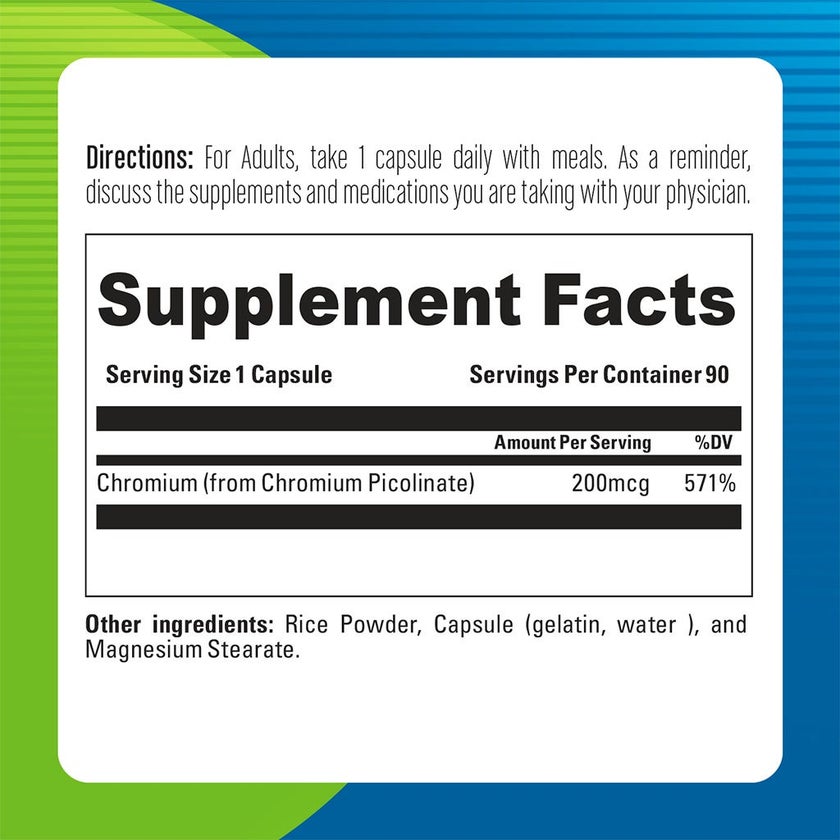 Blueberry Naturals Chromium Picolinate 200mcg Capsules For Healthy Blood Sugar, Pack of 90's