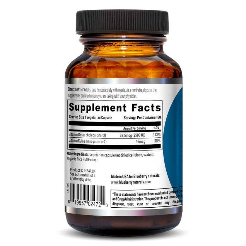 Blueberry Naturals Vitamin D3 & K2 Supplement Capsules, Pack of 60's