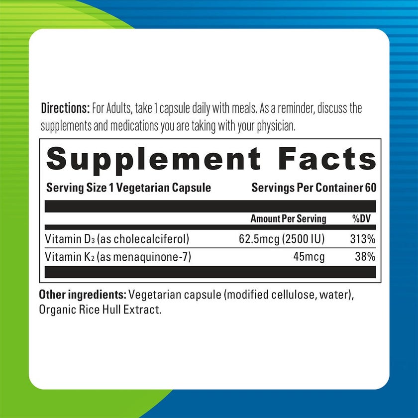 Blueberry Naturals Vitamin D3 & K2 Supplement Capsules, Pack of 60's