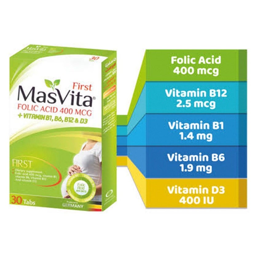 Masvita First Folic Acid 400 mcg With Vitamin B1, B6, B12 & D3 Supplement Tablets, Pack of 30's