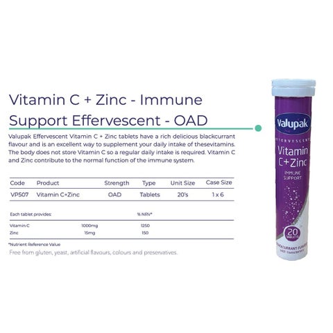 Valupak Vitamin C + Zinc Effervescent Tablets, Pack of 20's
