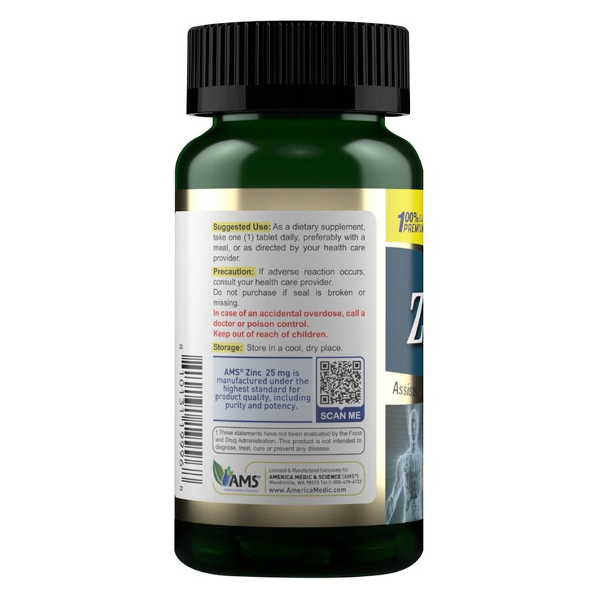 AMS Chelated Zinc 25mg Tablets, Immunity Support - 60 Tablets